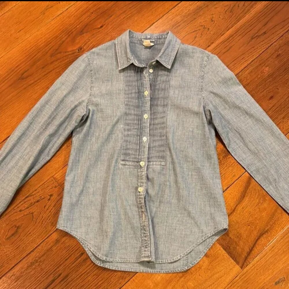 J. Crew Pleated Tuxedo Chambray Button Up Shirt S… - image 1